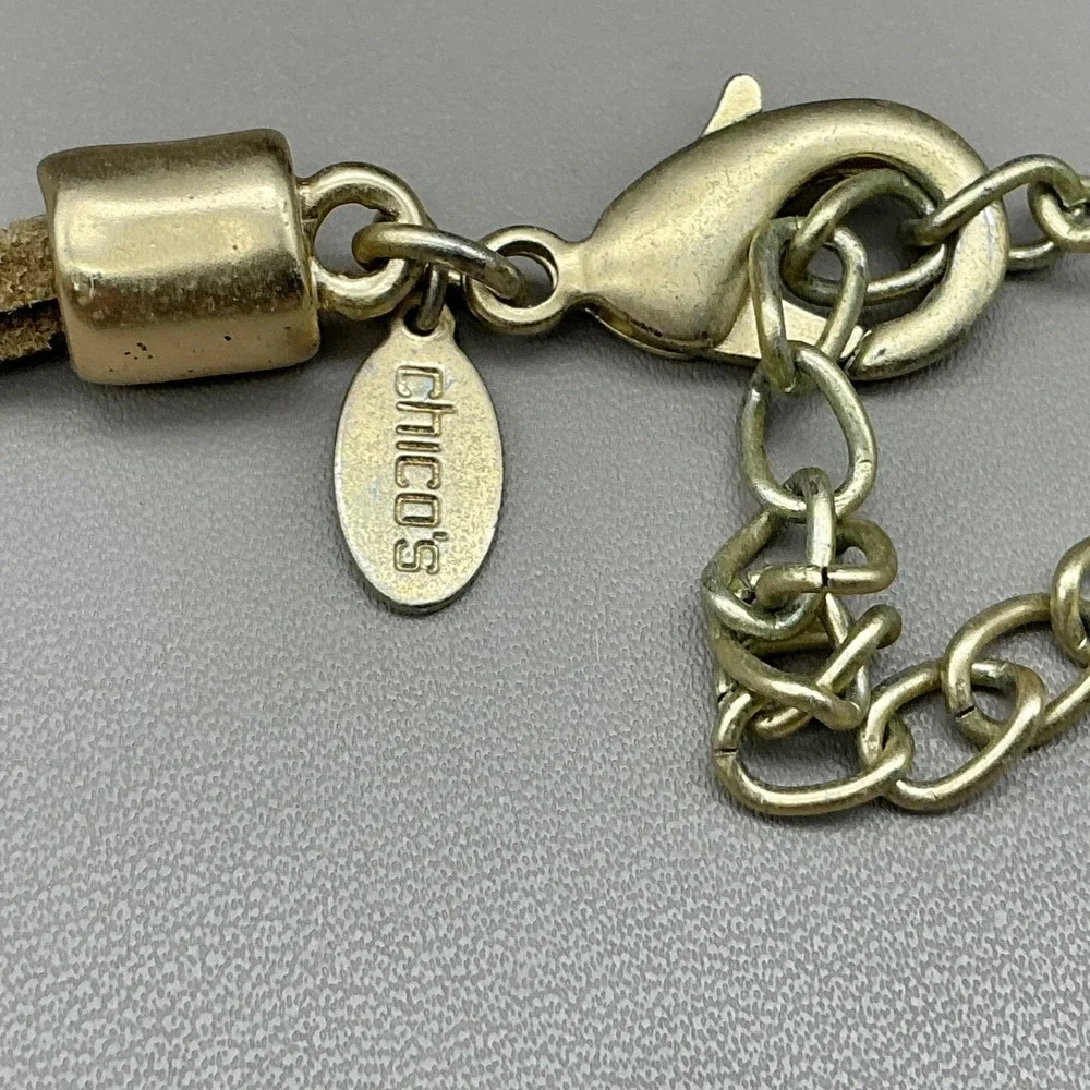 Chico's Necklace Green Brown Bib Statement Faux Suede Gold Tone Teardrop Boho